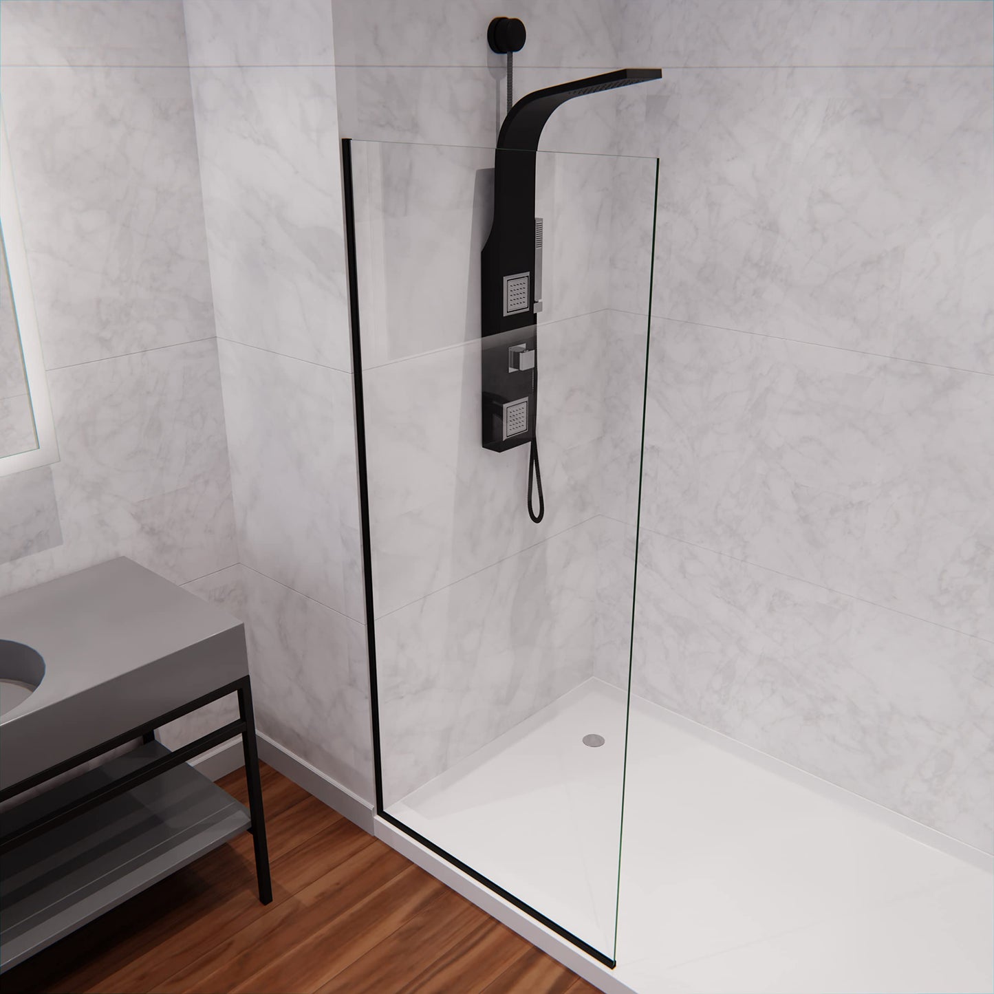 ANZZI Frameless Fixed Shower Door 34 in. x 74 in. Matte Black Clear Tempered Glass Panel with Tsunami Guard Coating, Reversible Screen Design, Hardware Included, ANSI Certified | SD-AZFL06001MB
