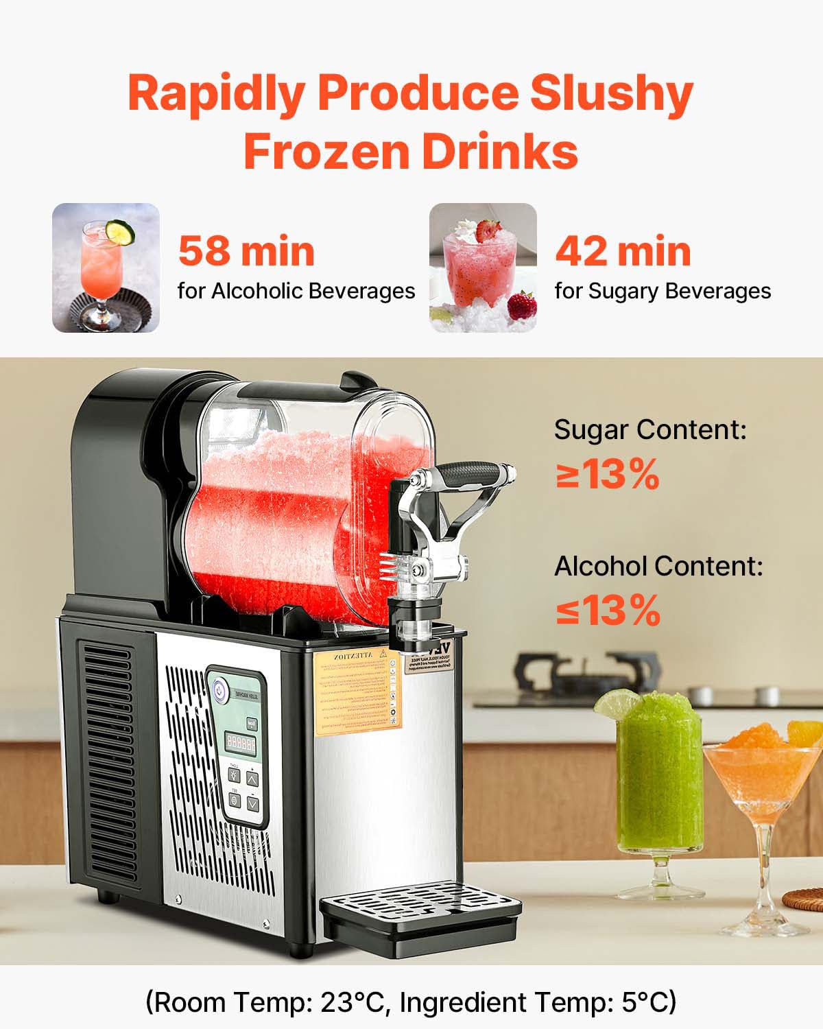 VEVOR Commercial Slushy Machine, 3L×1 Single Tank Frozen Beverage Maker, 12-Cup Stainless Steel Slushie Machine, Margarita Frozen Drink Smoothie Maker, for Restaurants, Bars, Cafes, and Food Truck
