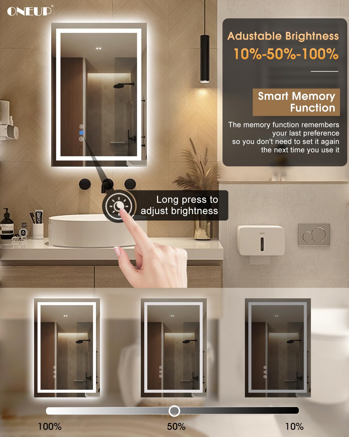 oneup 16x24''Small Bathroom Mirror with Lights,Front Lighted Bathroom Mirror for Wall,Stepless Dimmable,Anti-Fog,Modern LED Vanity Mirror,Memory,Touch Botton