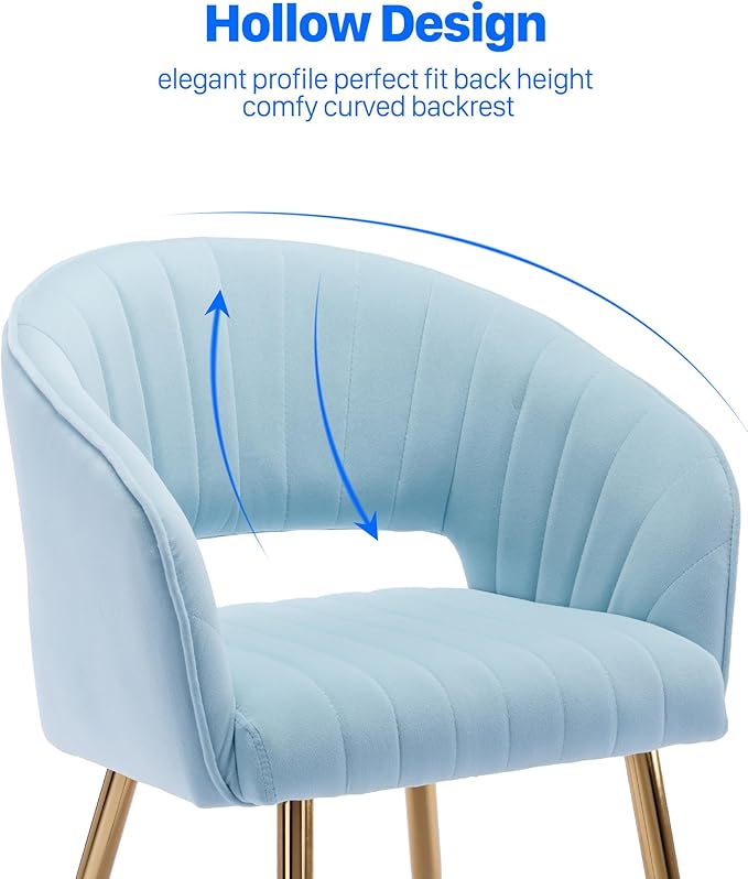 KCC Modern Accent Dining Chairs Set of 4, Upholstered Velvet Dining Room Chairs with Hollow Back, Tufted Kitchen Chairs Side Chairs with Gold Metal Legs for Living Room Restaurant, Baby Blue