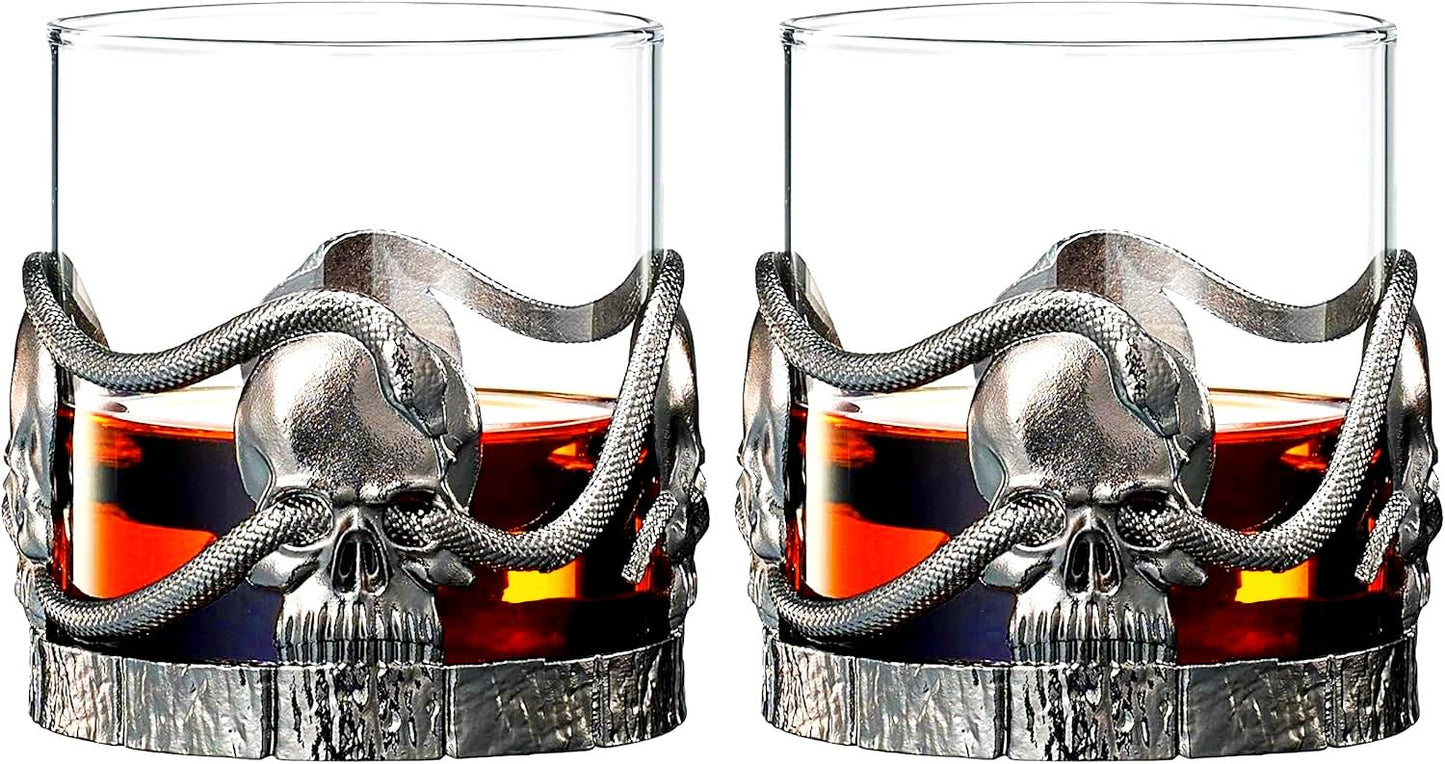 Skull & Snakes Pewter 2x Set Whisky Glasses, Whiskey, Wine, Beer & Water -12.5oz - Water, Rum, Brandy & Scotch, Elegant, Goth Gift Spooky Crystal Cup, Gifts Men & Women, Old Fashioned Skulls Glass