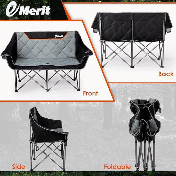 EMERIT Oversized Camping Chair with 650LB Capacity - Heavy Duty Folding Loveseat Camping Couch with Deep Seat & Rip-Resistant Fabric, Padded Comfort, Cup Holders for Outdoor, Lawn & Sports. | 650lb capacity, ripstop polyester, No center bar, cross-brac...