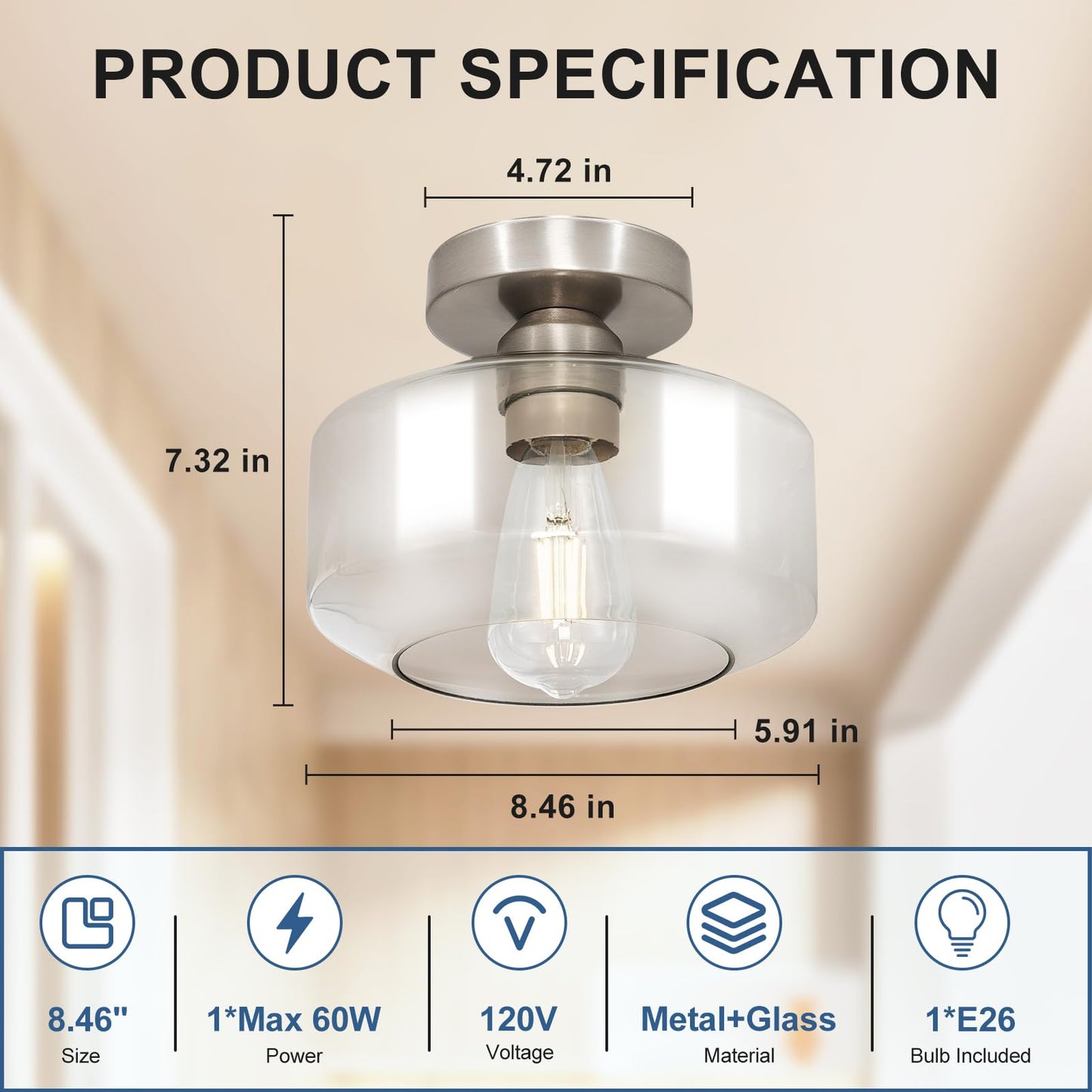 Industrial Semi Flush Mount Ceiling Light: Brush Nickel Kitchen Lighting Fixtures Ceiling with Clear Glass - Vintage Hallway Light Fixtures E26 Bulb Included - 8.46” Light Fixtures Ceiling Mount