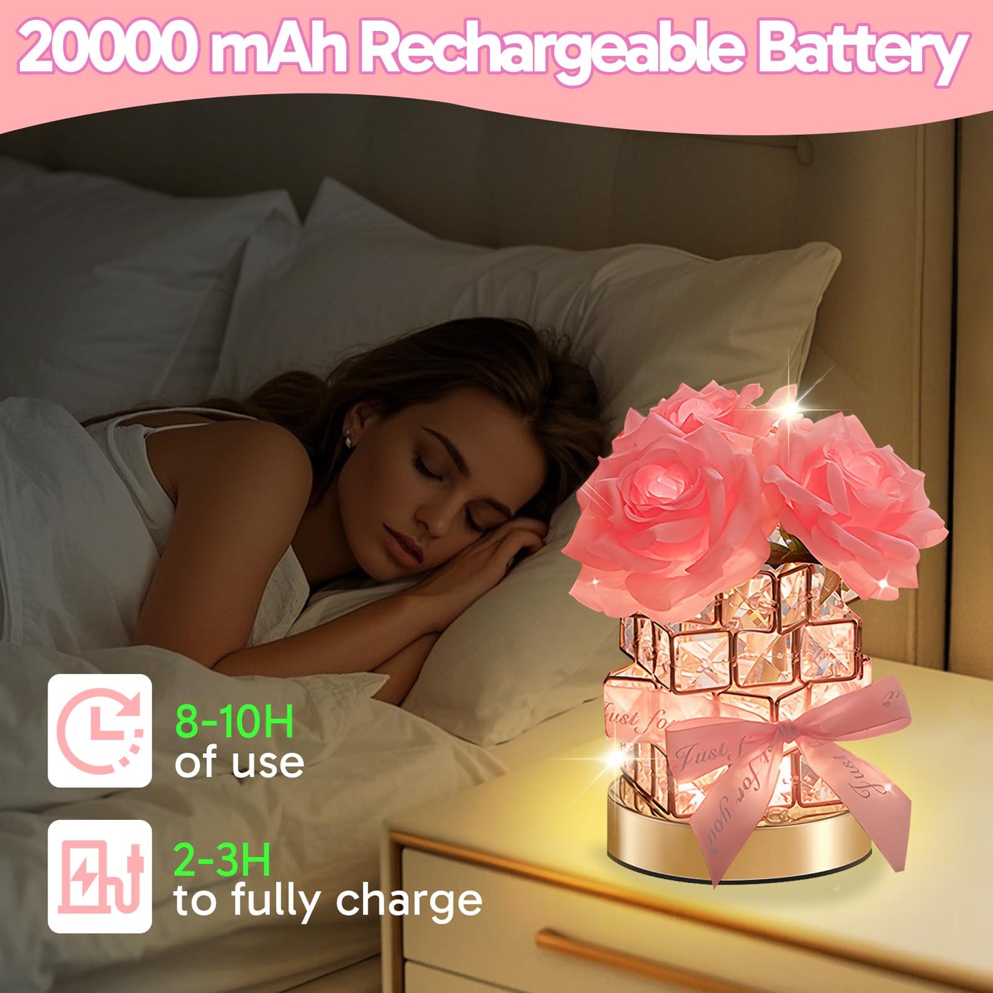 ONXE Forever Rose Gifts for Girlfriend Wife Her Women Mom,Rechargeable Cordless Touch Crystal Table Lamp,3-Colour Infinitely Dimming Small Night Light,Valentine's Day Anniversary Birthday Idea Gift