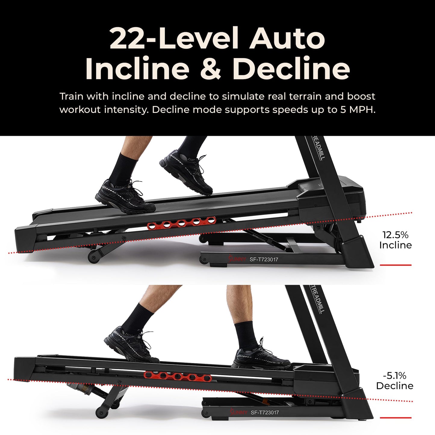 Sunny Health & Fitness Excel Smart Auto Incline/Decline for Home Use, 20” Wide Running and Walking Deck, Flex Shock Suspension with 300 LB Weight Capacity Bluetooth SunnyFit App - SF-T723017