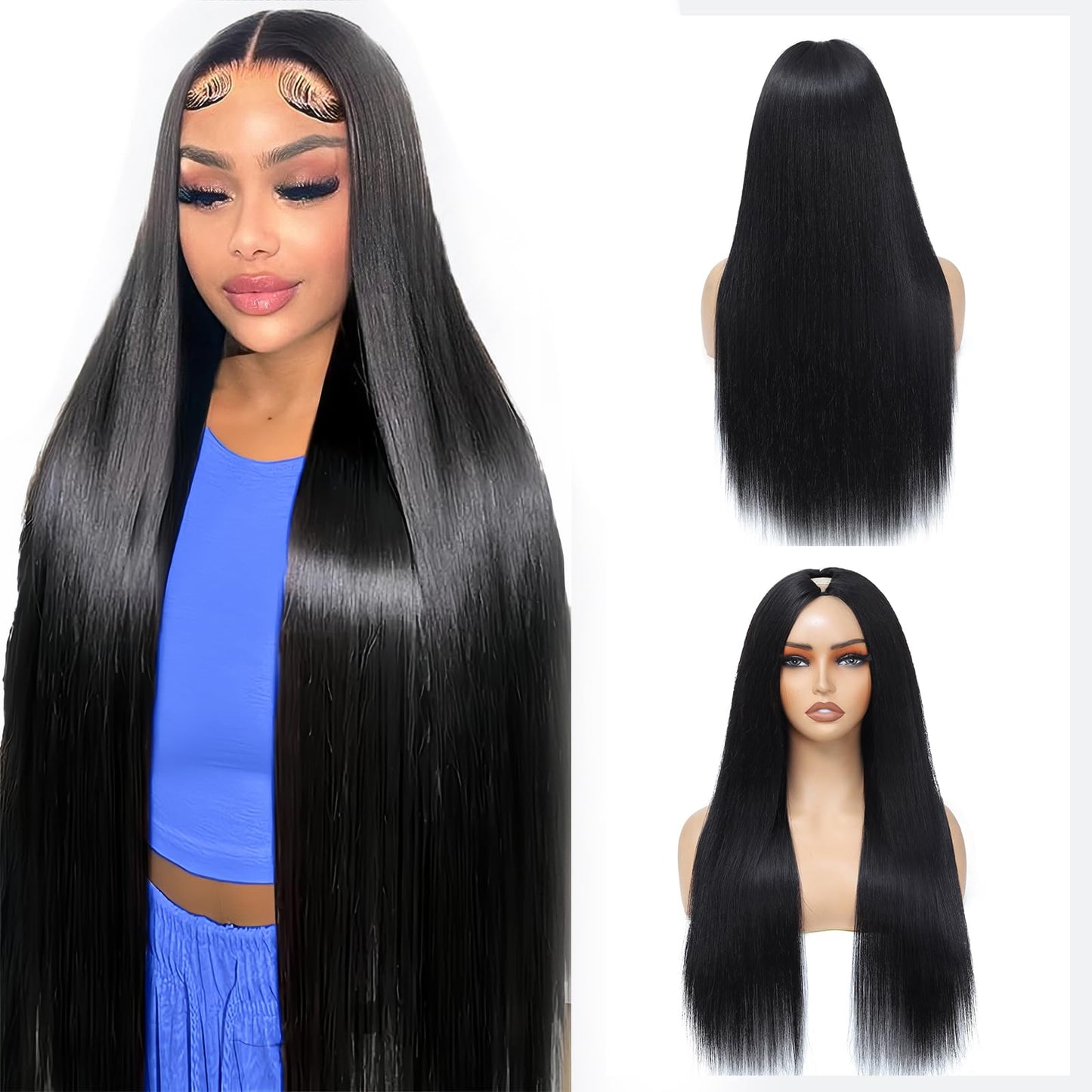 V Part Wig Human Hair Straight Human Hair Wigs Upgrade U Part Human Hair Wig for Women No Leave Out No Sew In 200% Density Natur