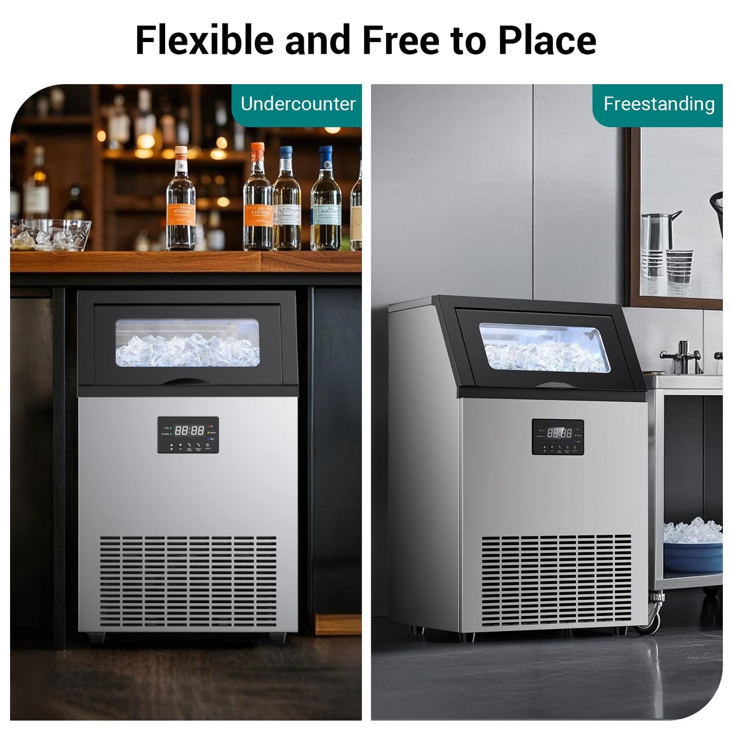 ETL Approval Commercial Ice Maker Machine 150 Lbs/24H Stainless Steel, with 50Lbs Storage Bin, Under Counter or Freestanding Ice Maker, 45 Ice Cubes in 8-15 Minutes for Home & Commercial