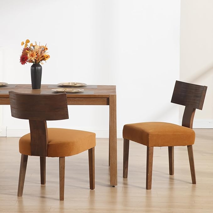 DM Furniture Velvet Dining Room Chairs Set of 2, Mid Century Modern Armless Side Chair with Solid Wood Legs and Curved Backrest for Living Space, Brown
