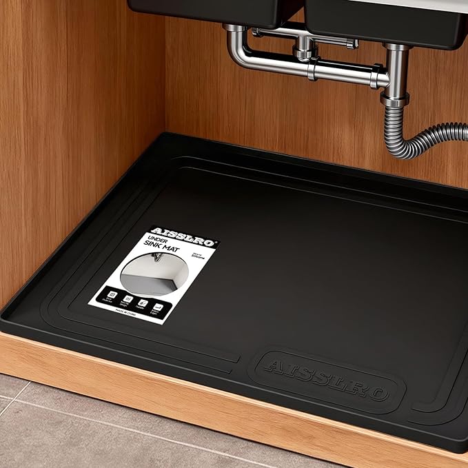 Under Sink Mat 25" X 19", Waterproof Silicone Under Sink Mats for Kitchen, Anti-Leak Shelf Liner & Cabinet Protector with Raised Edge, [BPA Free] Bathroom Tray Home Organizer, Black