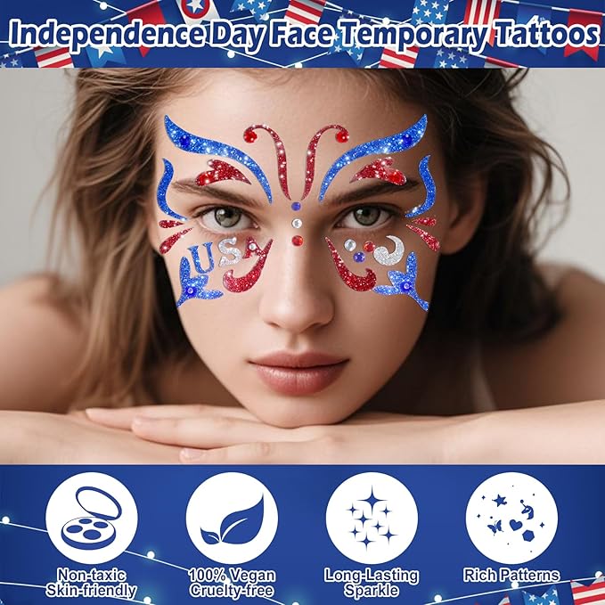 Yosca 6Pcs Independence Day Temporary Tattoos, Red White Blue Patriotic Glitter Face Stickers, Self Adhesive Star Face Art Sticker for 4th of July Memorial Day Veterans Day USA Flag Party