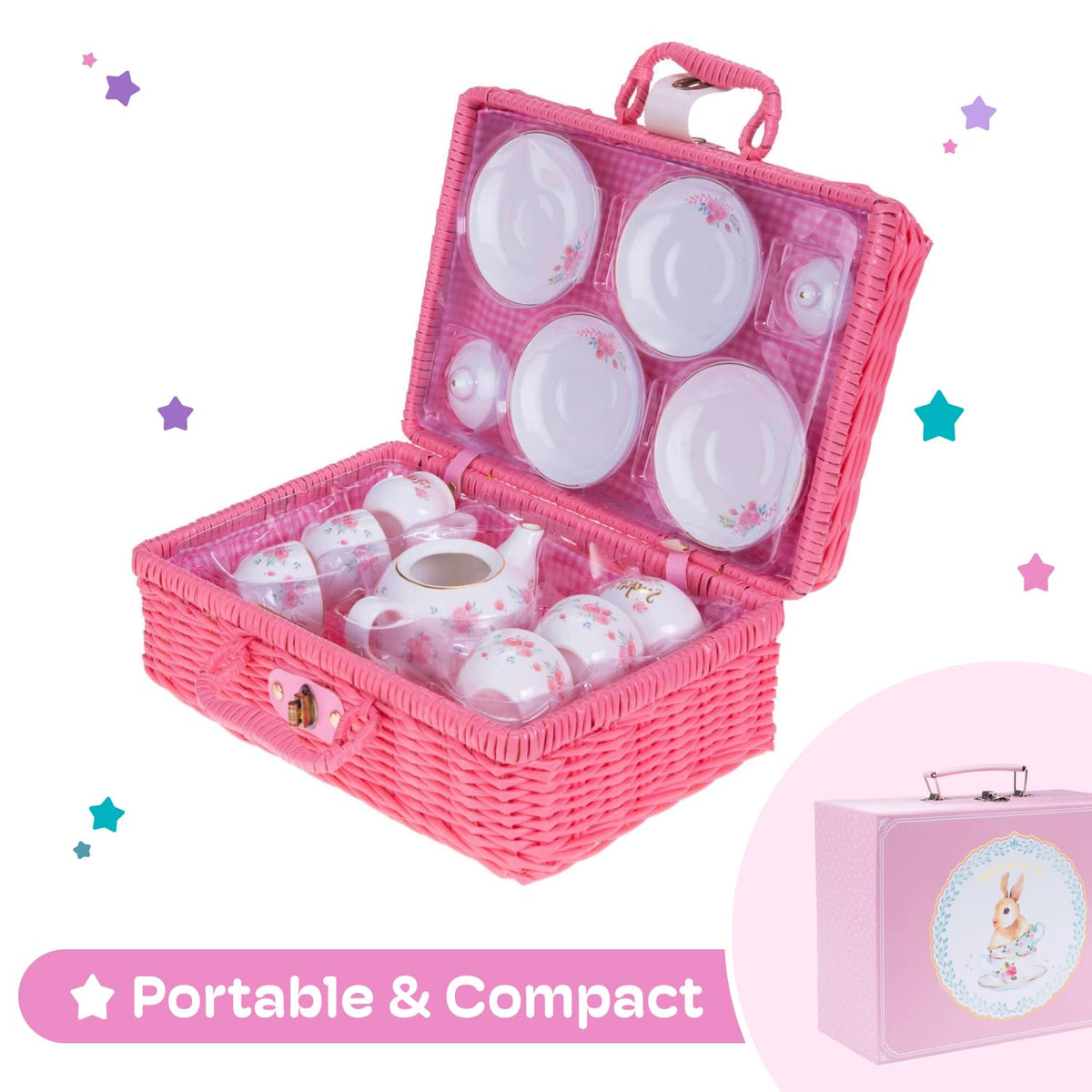 Porcelain Tea Set for Girls - Pink Ceramic Tea Cups with Pink Box - Glass Toy for Kids Party - Ideal Gift for Toddlers and Children's Ages 3 Years Old - Floral Design, 13 Pieces