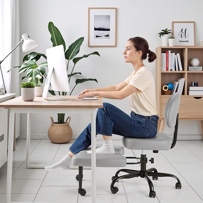 Homall Ergonomic Cross Legged Office Desk Chair with Wheels, 360° Swivel and Adjustable Height for Meditation and ADHD,Criss Cross Kneeling Chair with Lumbar Support (Leather, Grey)
