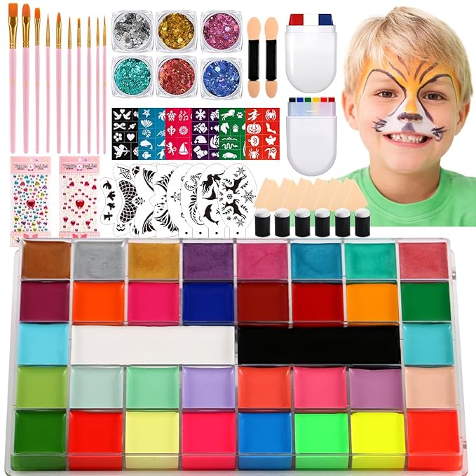 Face Painting Kit Professional Face Body Paint Oil Palette 36 Colors Include 8 UV Glow Colors Brushes Glitter Gel Sponges Facepaint Sticks Gems Stickers For Kids and Adult