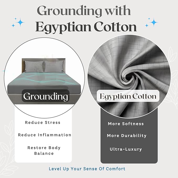 Grounding Sheets with Egyptian Cotton. Premium EMF Protection Grounding Fitted Bed Sheets Queen Size. 95% Egyptian Cotton + 5% Silver Fiber (Gray, Queen, Fitted), grounding Well Bed Sheets.