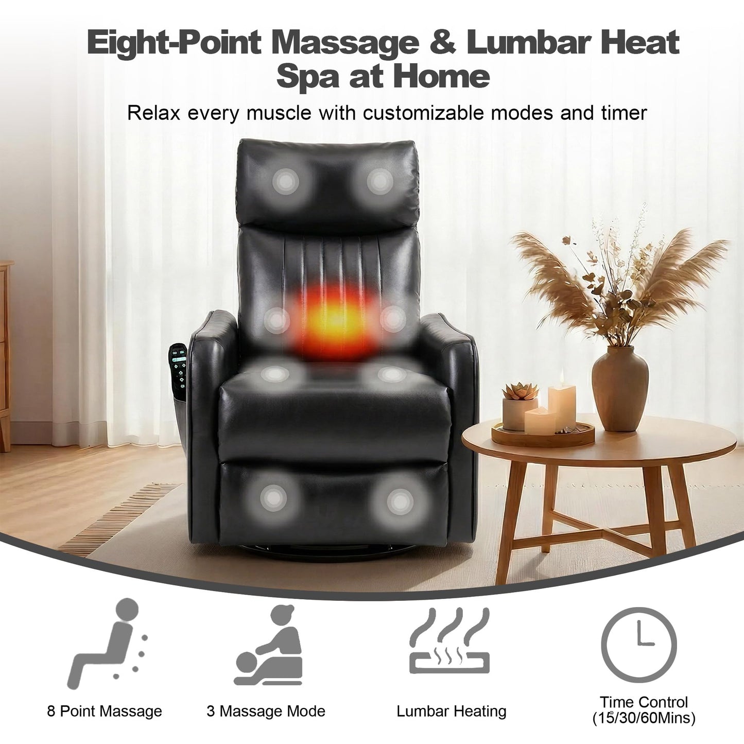 Casaphoria 360° Swivel Rocking Recliner Chair with Heat and Massage Upholstered Fabric Nursery Glider with Side Pocket for Living Room,Bedroom,Home Theater and RV Small Space(Black)