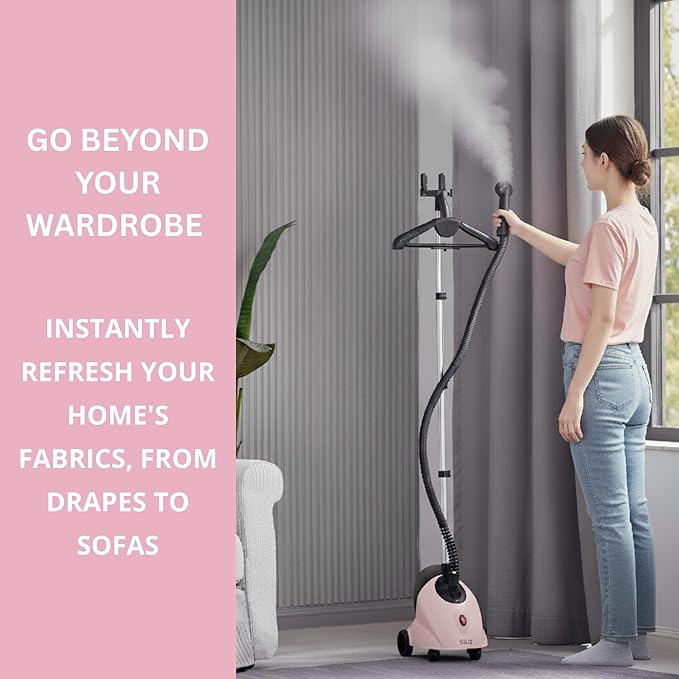 SALAV GS18-DJ Standing Garment Steamer with Roll Wheels for Easy Movement, 1.8L Water Tank for 1 Hour Continuous Steaming, Adjustable Pole for Storage, Includes Descaler Packet, 1500 watts - Pink