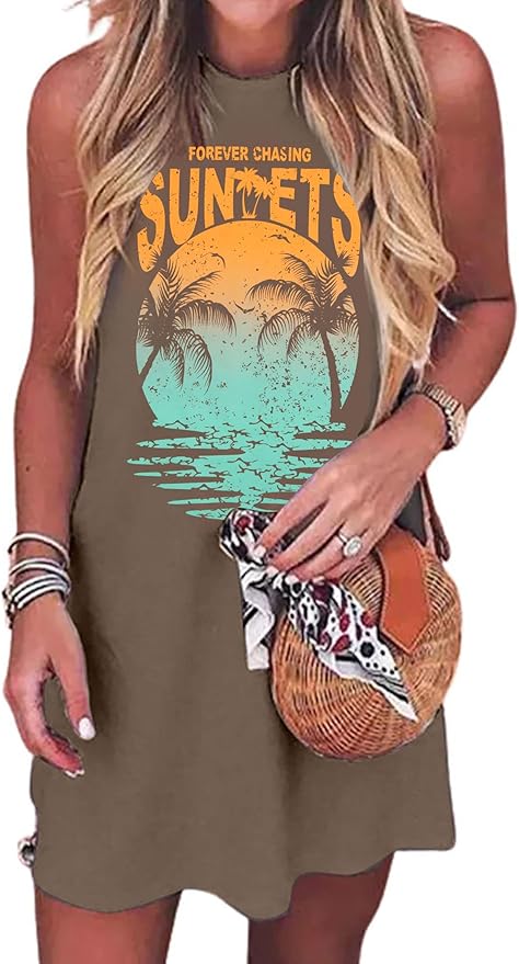 Summer Sundress for Women Graphic Mini Tank Dress Sleeveless Beach Dresses Short Casual Sun Dresses