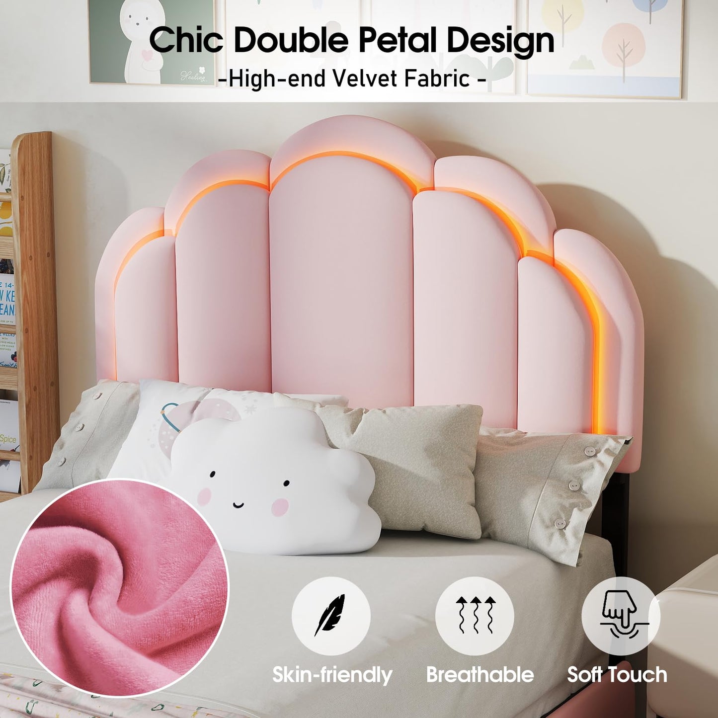 yenlacy Twin Upholstered LED Bed Frame with Storage Drawer, Cute Girls Bed with Petal-Shaped Headboard, Velvet Princess Platform Bed Frame, Metal Slats Support, No Box Spring Needed, Pink