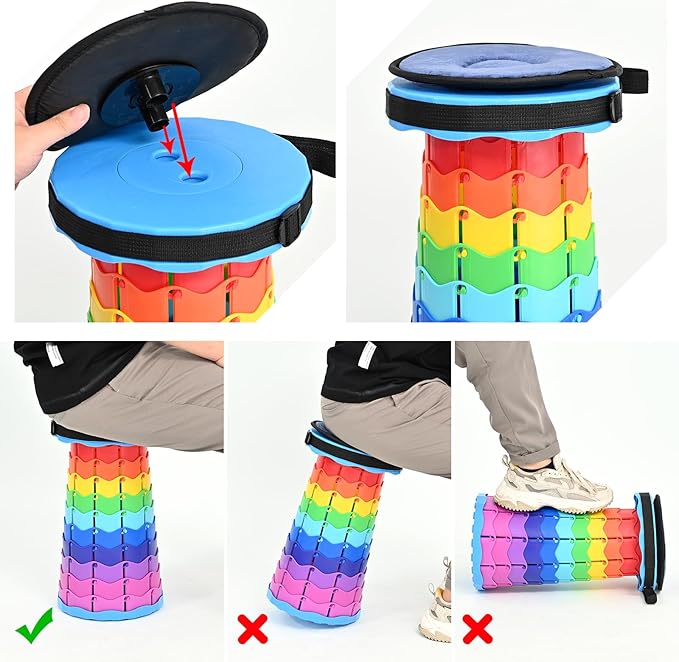 FXKS 2 Pack Upgraded Collapsible Stool Folding Stool with Cushion,Retractable Folding Stool Max Load Capacity 400lbs, Portable Telescoping Stools for Camping Hiking Outdoor BBQ Fishing-Rainbow