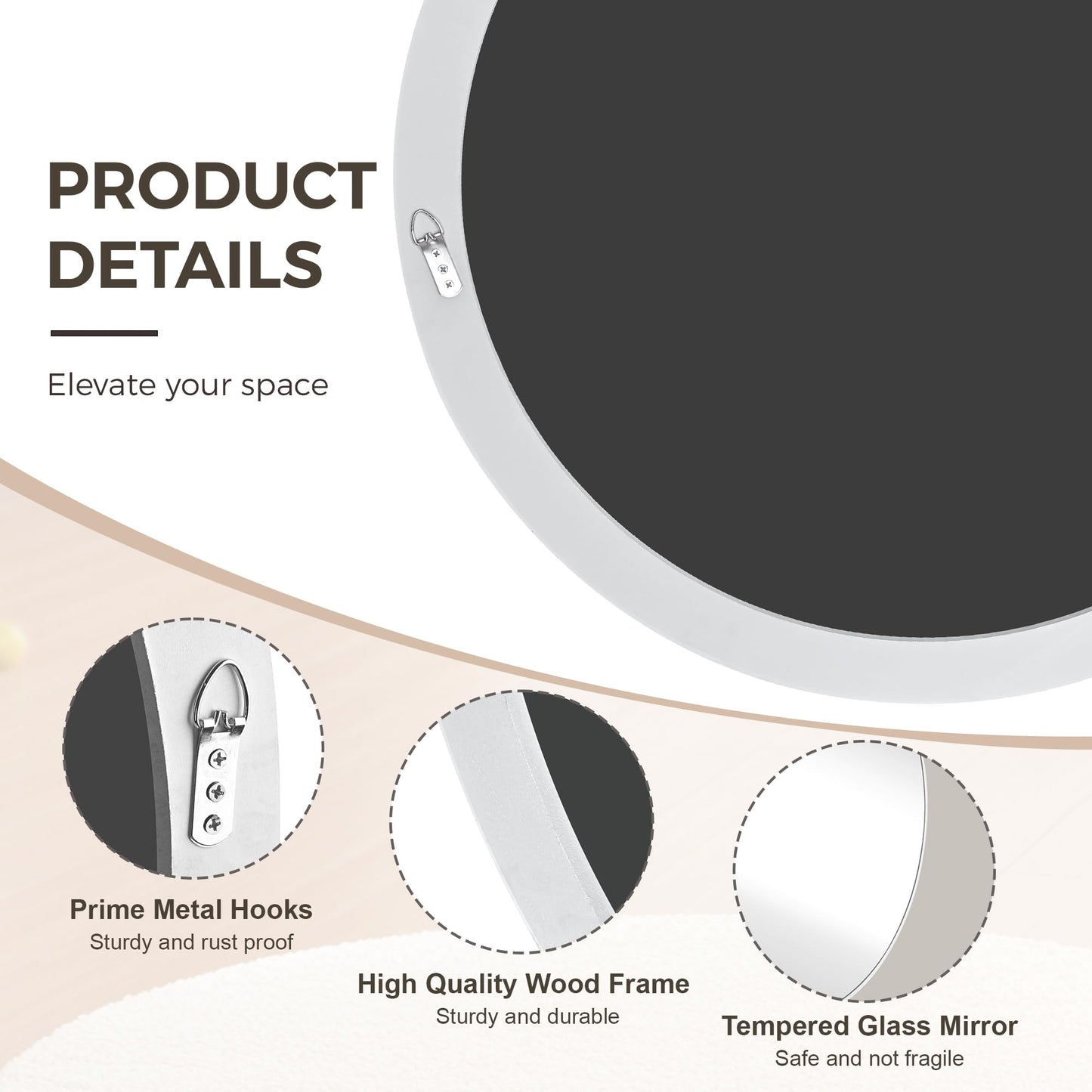 Tanmicoshomy White Round Mirror 36 inch, Large Circle Wall-Mounted Bathroom Mirror with Tempered Glass-Shatterproof for Entryway, Living Room, Bedroom