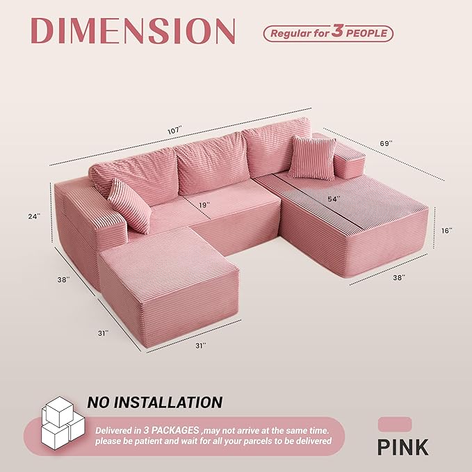 Afuson 107" Boneless Couch with Deep Seat, Modular Sectional Sofa, Cloud Sectional Couch for Living Room, No Assembly Required, Corduroy, U-Shape 3 Seater Right, Pink