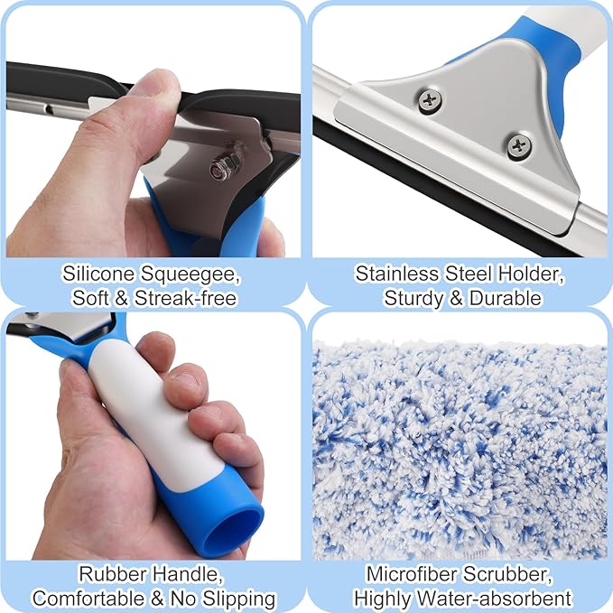 15 Feet High Reach Window Cleaning Kit with Extension Poles, Window Cleaner Tool with 14’’ Silicone Squeegee, Microfiber Scrubber & Cloth, Window Washing Equipment for Indoor/Outdoor Windows