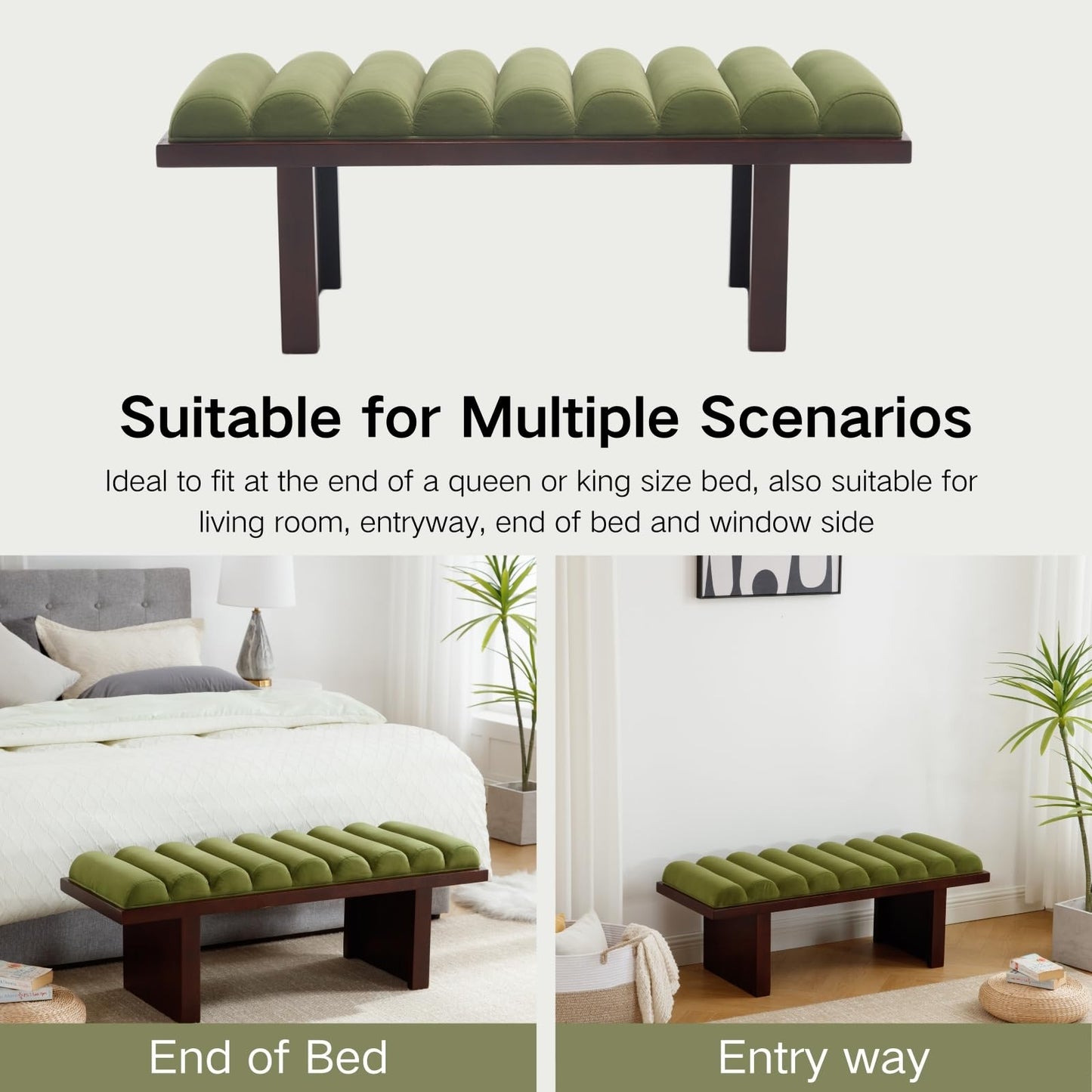 ROCITY Green Velvet End of Bed Bench Upholstered Modern Ottoman Bench Comfy Padded Entryway Bench Seat with Thick Cylindrical Cushion, Wooden Window Bench for Bedroom/Living Room, 47 Inch
