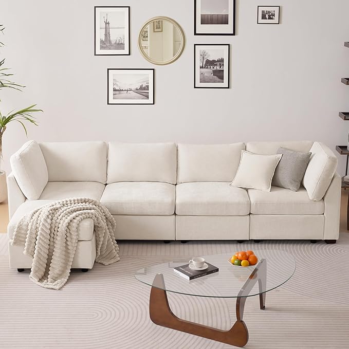 TEKAMON 123" Modular Sectional Sofa with Ottoman,Extra Large Comfy Cloud Deep Seat, Reversible Chaise Modular Sectional Couches for Living Room and Apartmenr,Beige 4seater