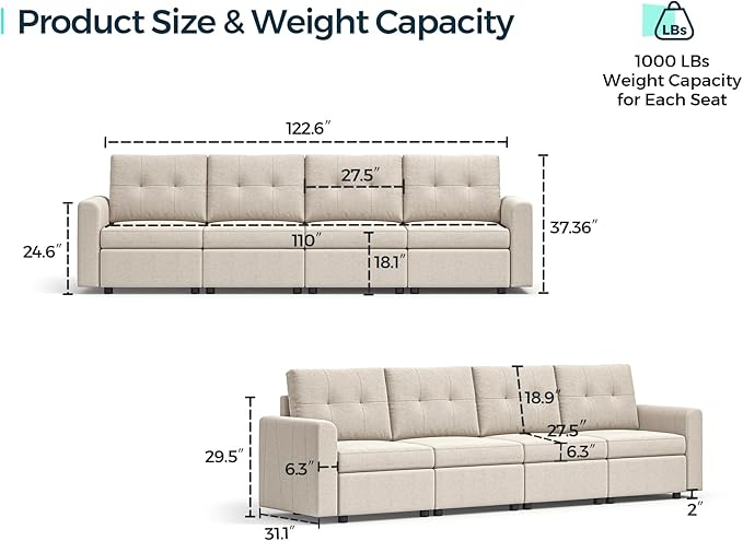 LINSY HOME Modular Sectional Sofa Oversized, Removable Cover Living Room Couches with Storage Deep Seat & Ottoman Chaise L/U Shaped Sofa Modern Couch (Grey, 4 Seats)