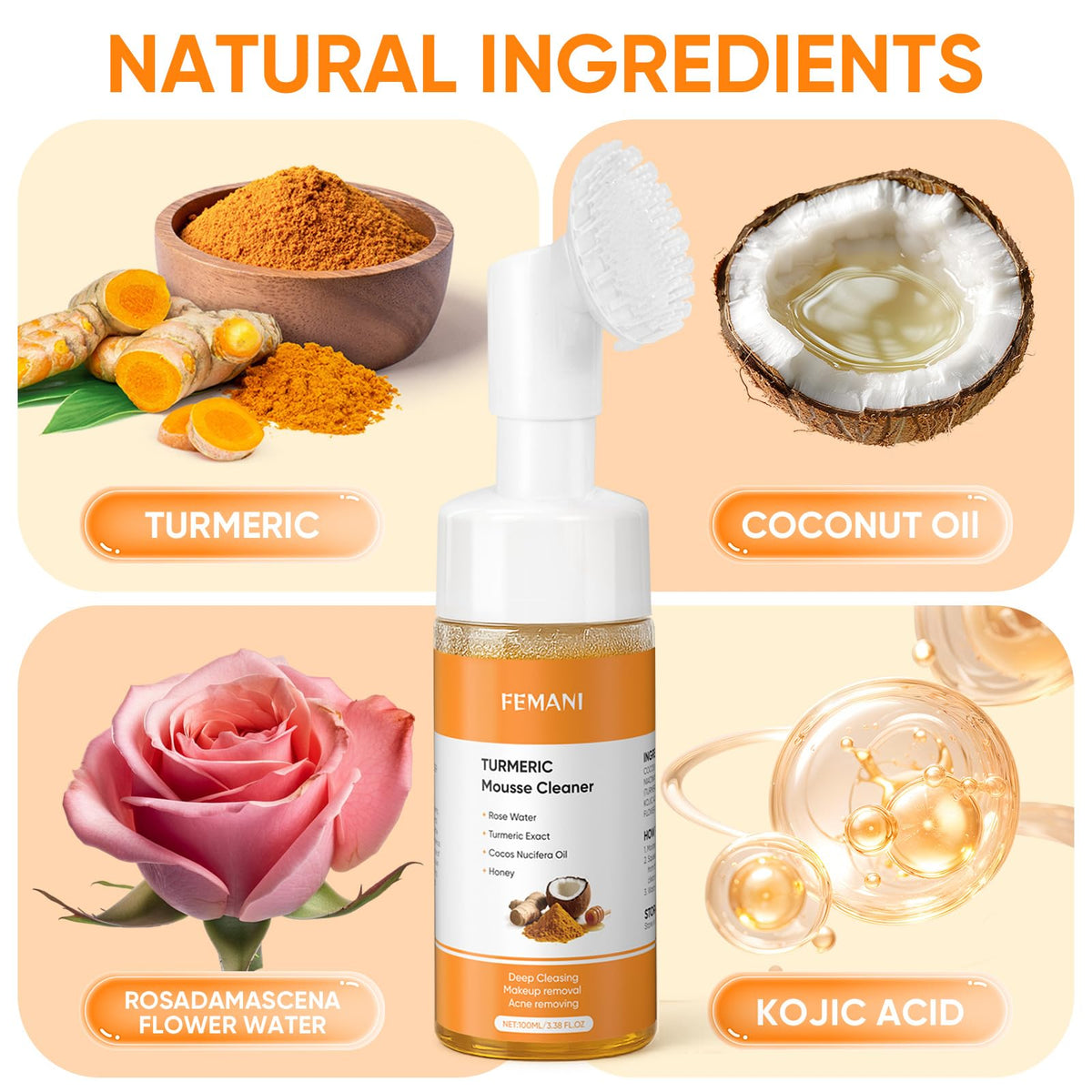 2PCS Turmeric Face Wash with Brush, Turmeric Foaming Facial Cleanser, Fit for All Skin Care with Coconut Oil, 3.38 fl.oz/pc