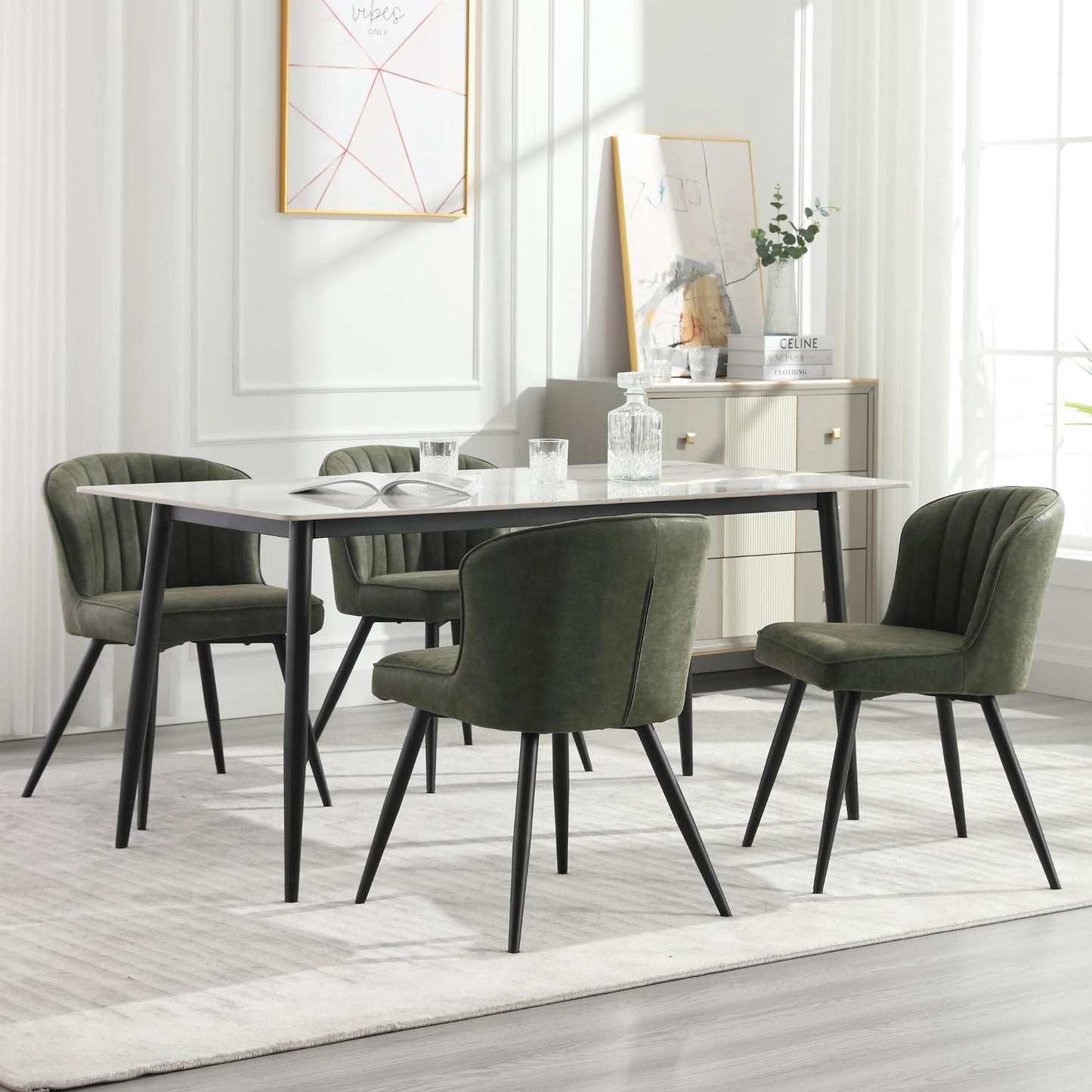 Shunzhi Green Upholstered Dining Chairs Set of 4 Modern Leather Dining Room Chairs with Back/Metal Legs Armless Kitchen Chairs Accent Side Chair for Kitchen/Dining Room/Living Room