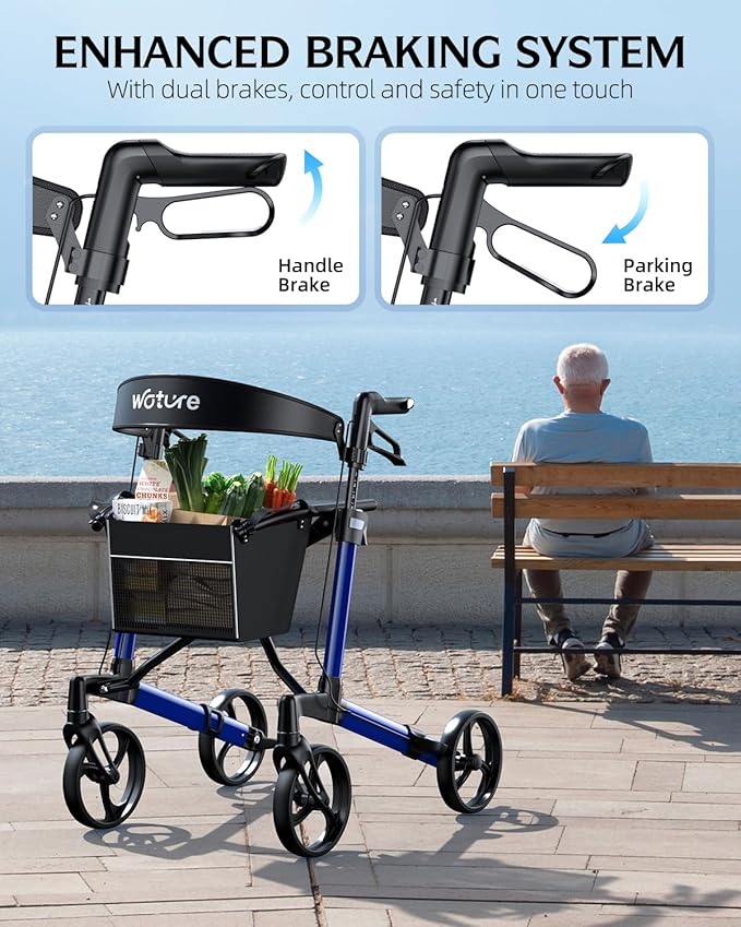 WOTURE Rollator Walker with Seat, Lightweight Rolling Walker, Foldable Rollator Walker for Seniors, 8" Big Wheels for All Terrain, Dual Height Adjustment, Only 16 Ib, Blue