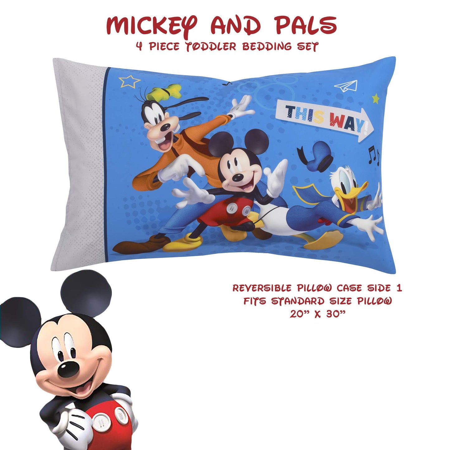 Disney Mickey Mouse Toddler Bed Set | 4 Piece Bedding Set | Fitted Sheet, Pillow Case, Top Sheet, and Comforter Quilt - Blue