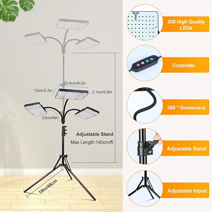 FECiDA 2026 3Head Grow Light with Stand, 75 Watt Power Draw, Bright and Big Coverage Grow Lights for Large Houseplants, Bonsai Tree, 4/8/12/16/20 Hr Timer, 24"-72" Height Adjustable, 360° Gooseneck
