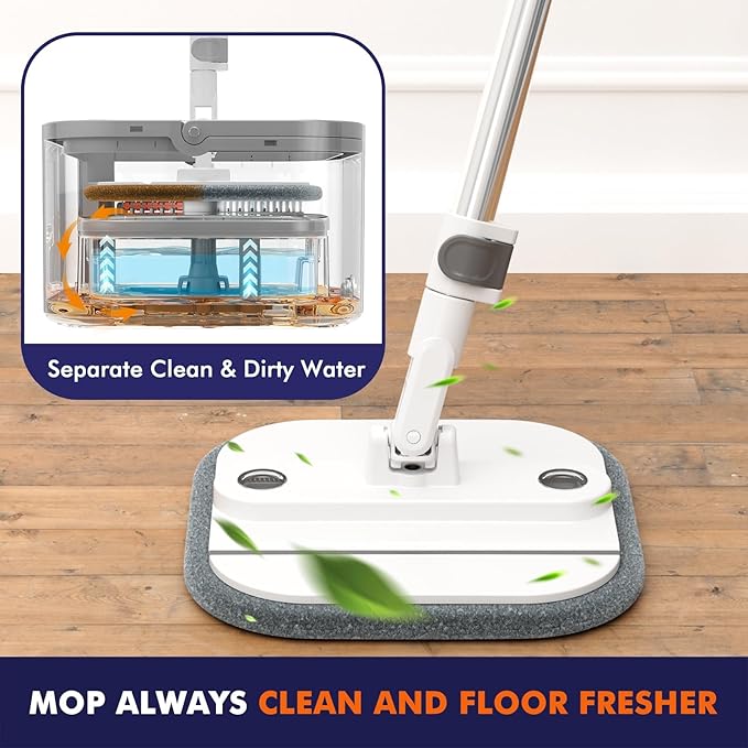 Upgraded Self-Standing Spin Mop and Bucket System, Detachable Inner Mop Bucket Separates Dirty Water & 90° Foldable Head, Triple-Scrub System, 0.9Gal Dual Drainage, for Hardwood Floors (White 2 Pads)