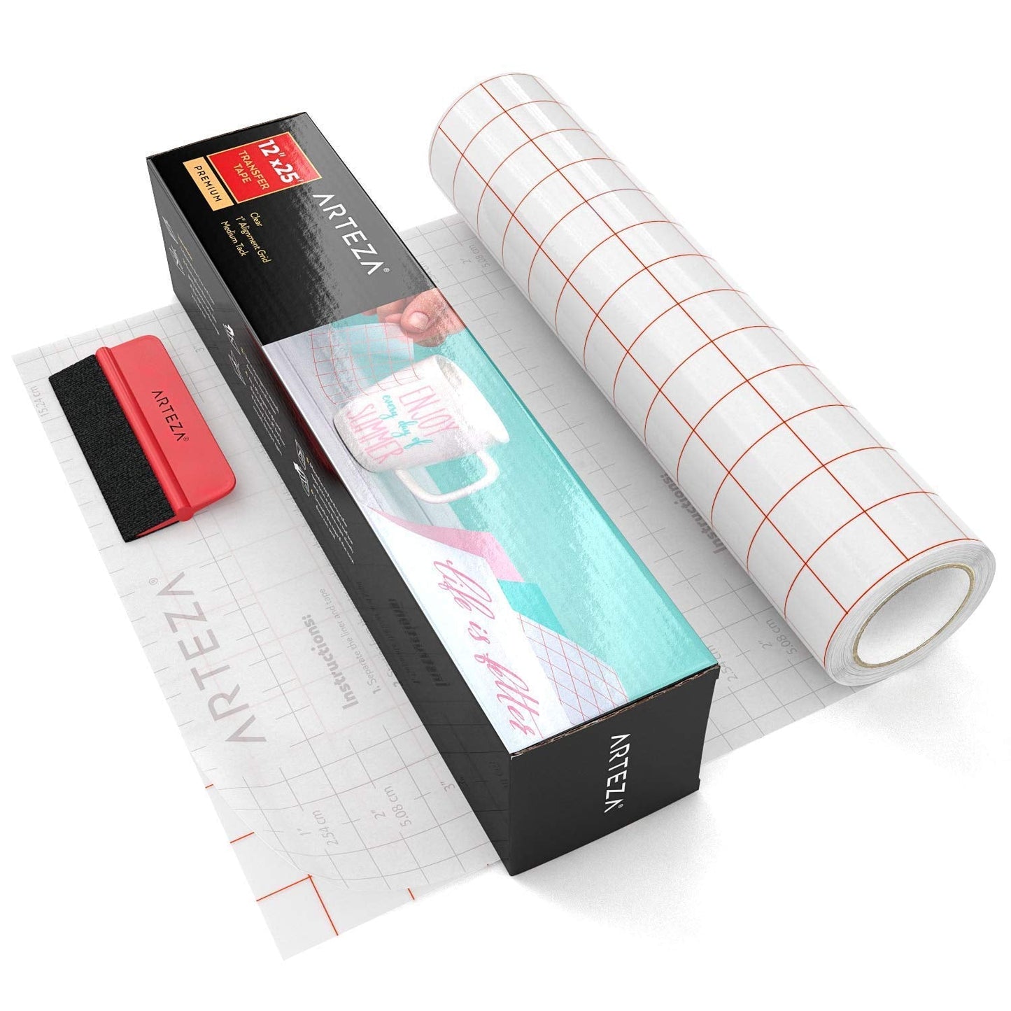 ARTEZA Ultra Clear Transfer Tape Paper with Grid & Squeegee, 12 Inch Wide x 25 Foot Long Roll, for Alignment & Transfer of Adhesive Vinyl for Decals, Signs, Walls, Windows & Smooth Surfaces