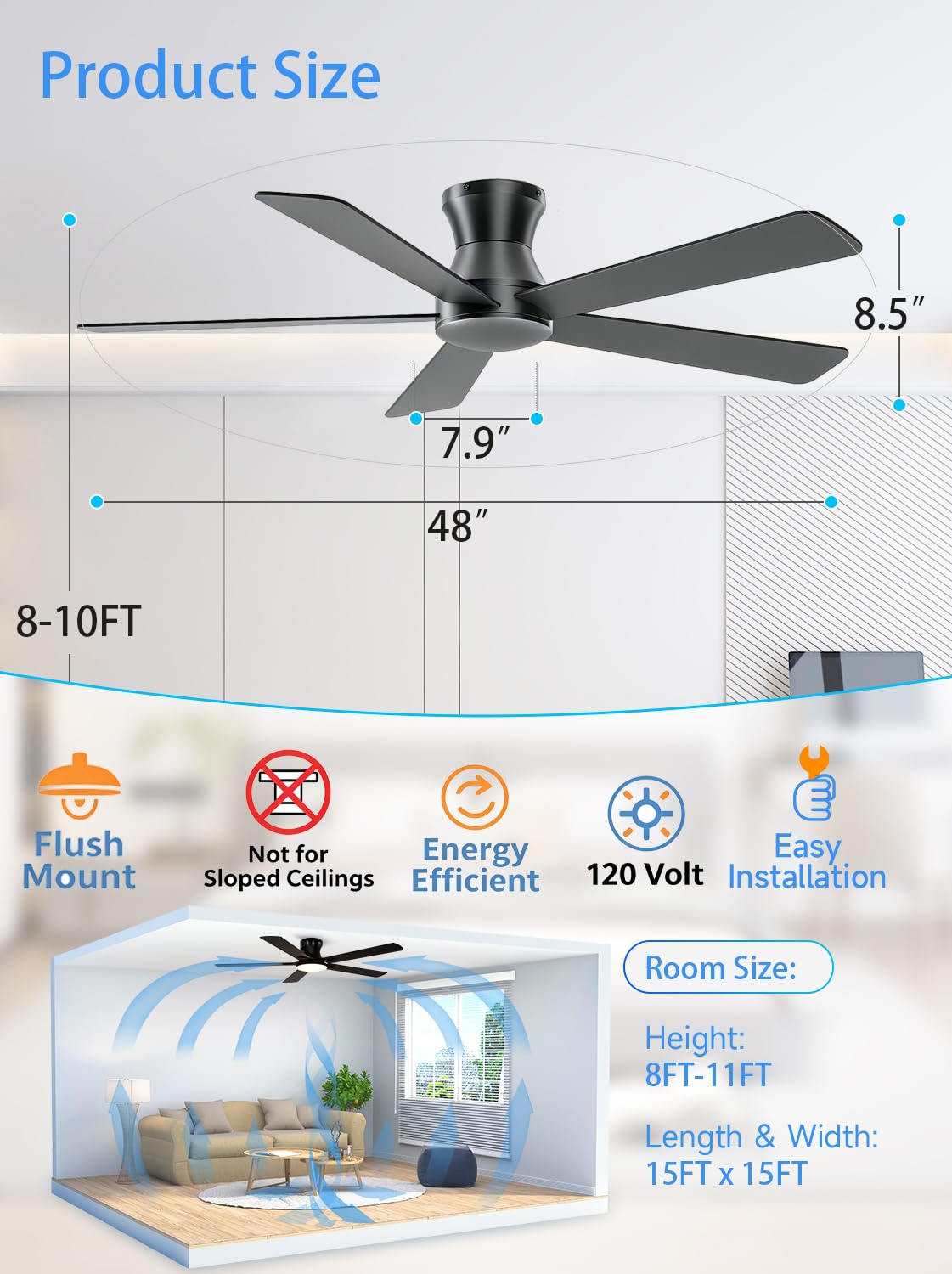 Carrefour 48 Inch Ceiling Fan No Light, Black Low Profile Flush Mount Ceiling Fan Without Light, 6-Speed Reversible, Remote & App Control, Covered Outdoor Ceiling Fans for Patio Living Room Bedroom