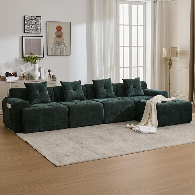 YAAREE 129.23”Modular Sectional Couch for Living Room, Modren L-Shape Cloud Sectional 4-Seater Sofa with Movable Ottoman, Woven Texture Upholstery Boneless Couch, No Assembly, Green