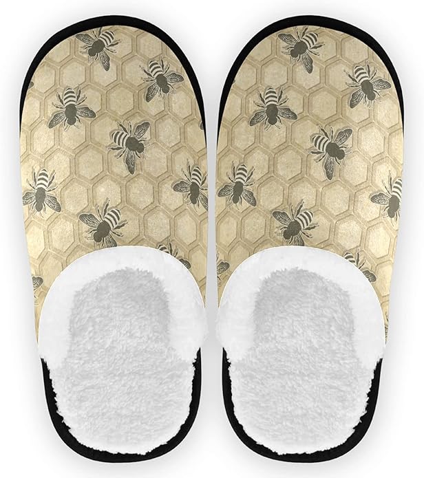 visesunny Retro Bee Honeycomb Pattern Cozy Fuzzy Womens Memory Foam House Slippers Plush Fleece Indoor Outdoor Slipper