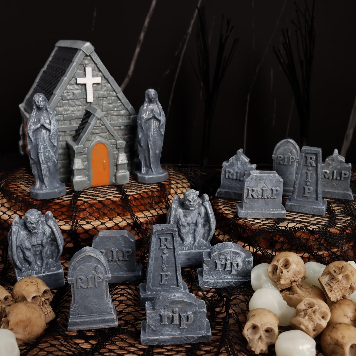 Rileryan 15 PCS Miniature Church Tombstones Gargoyle Virgin Figurines DIY Graveyard Scenes for Halloween Village Decorations Accessories Cemetery Terrain Scenery