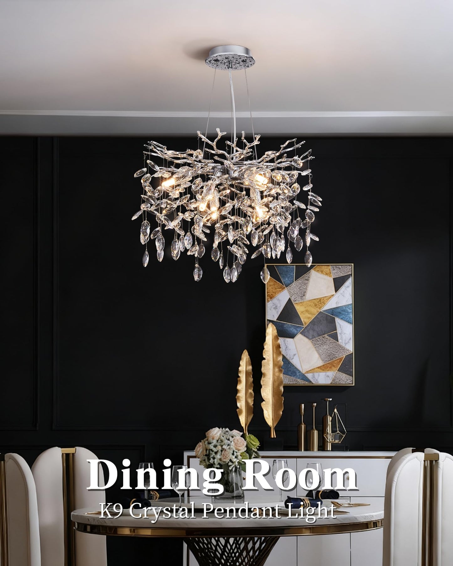 witkey Modern Tree Branch Crystal Chandelier Luxury Silver Crystal Pendant Lighting 18" Contemporary 6-Light Chandeliers for Dining Room Kitchen Bedroom Living Room