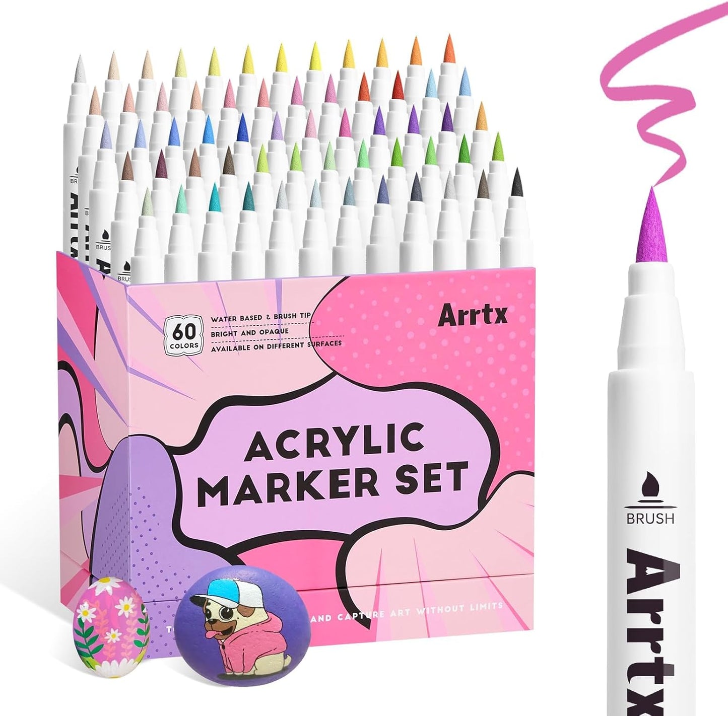 Arrtx 60 Colors Paint Markers Pens, Acrylic Paint Pens for Artists Adults Coloring Drawing Cartoon Anime Comic - Brush Tip for Rock Painting, Wood, Canvas, DIY Crafts Making Art Supplies-60B