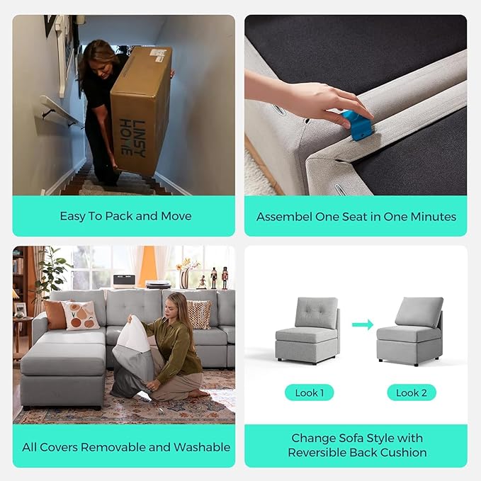 LINSY HOME Modular Sectional Sofa Oversized, Rubik III Removable Cover Living Room Couches with Storage Deep Seat & Ottoman Chaise L/U Shaped Sofa Modern Couch (Grey)