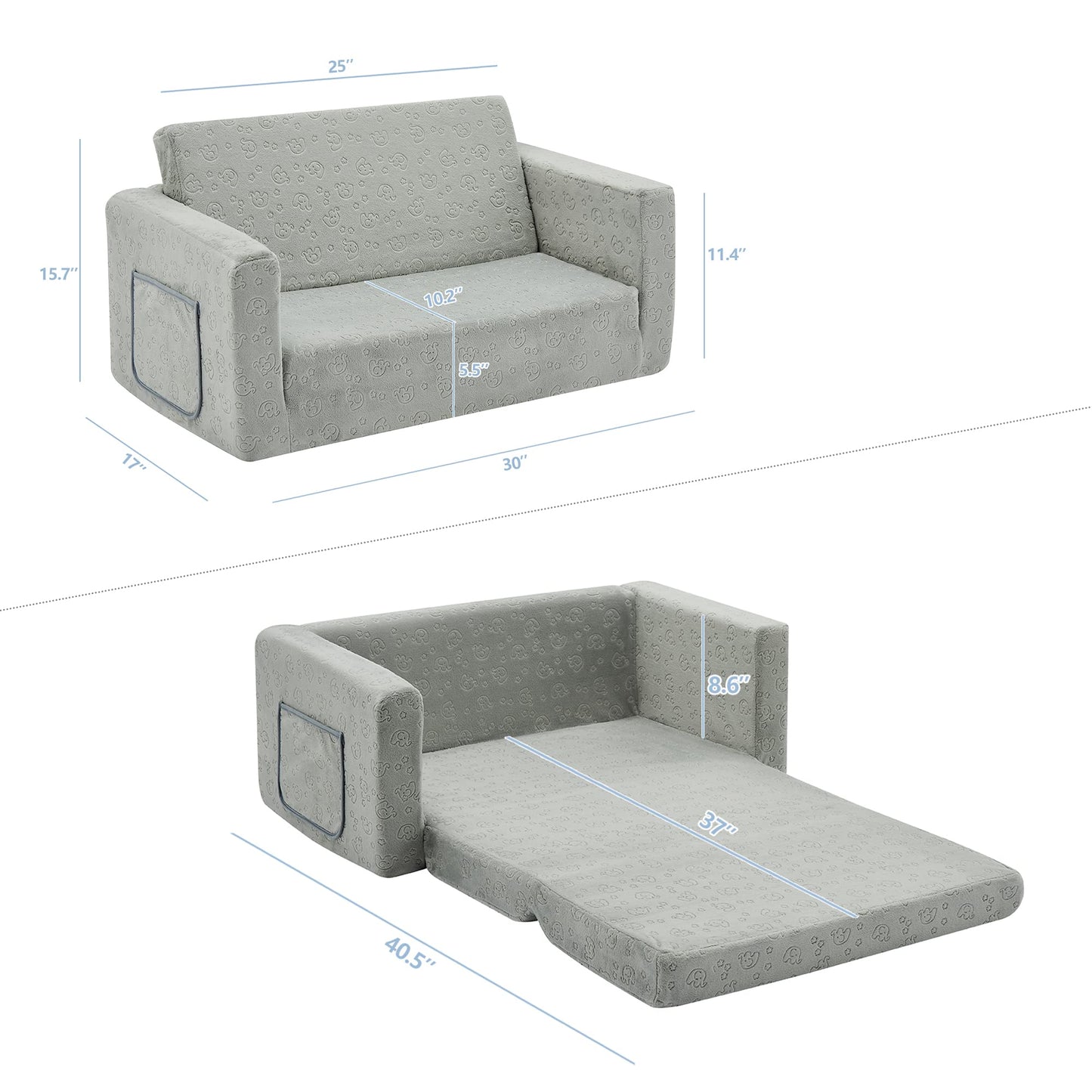 Ulax furniture Kids Fold Out Couch 2-in-1 Children Convertible Sofa to Lounger with Soft Plush Fabric