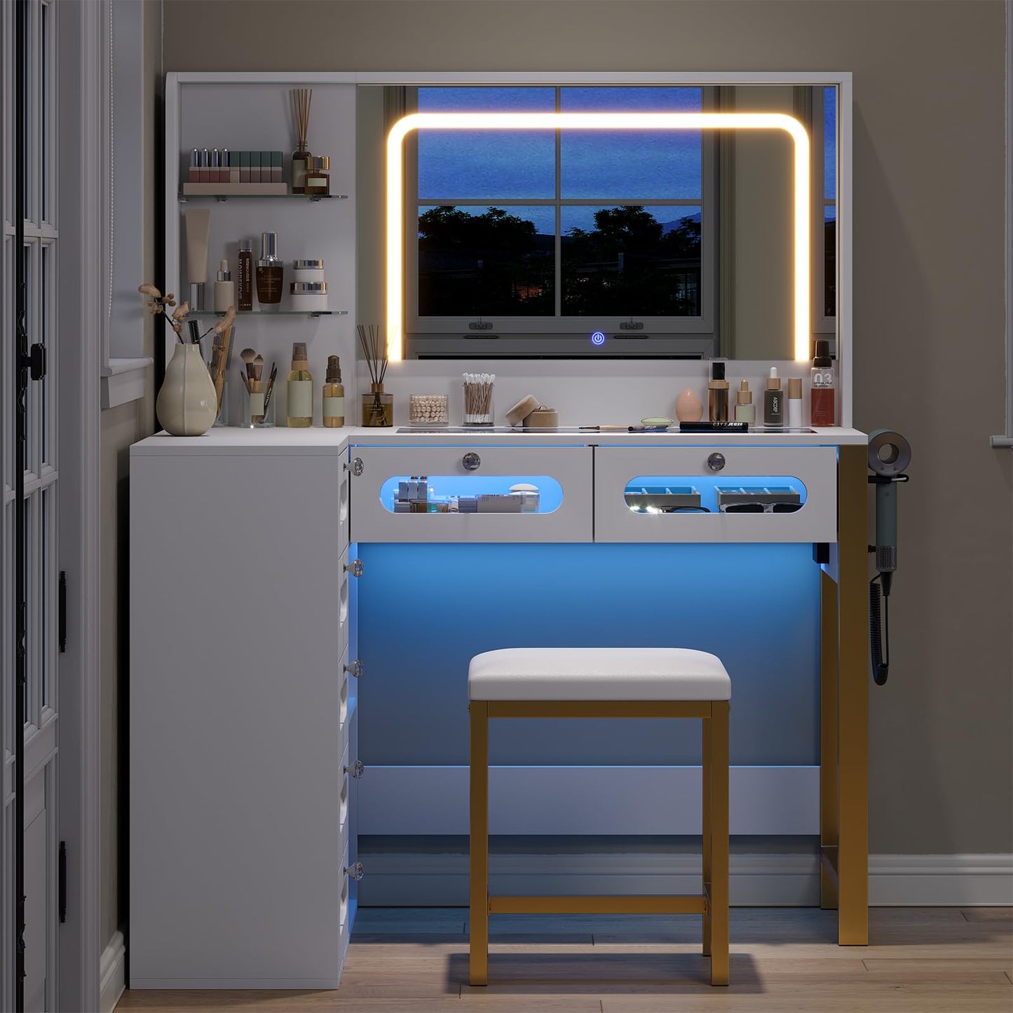 CollaredEagle Vanity Desk with Mirror and Lights, 43" Big Modern Vanity Desk, Transparent Top Vanity with 2 RGB Drawers, with Power Outlet & Stool, Modern Ample Storage Dressing Table, White