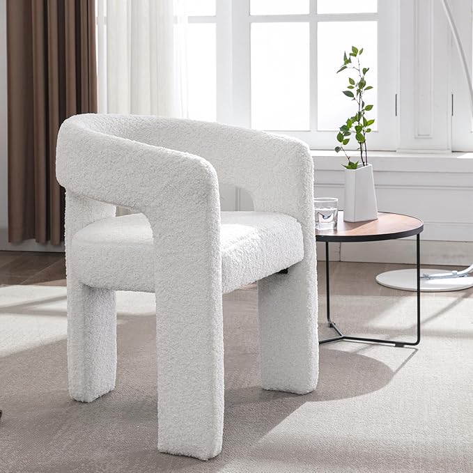 DAYALANE White Boucle Dining Chairs Set of 2, Upholstered Sherpa Kitchen Chairs with Arms Comfy Barrel Side Chair for Living Room/Dining Room/Reception, White Fur