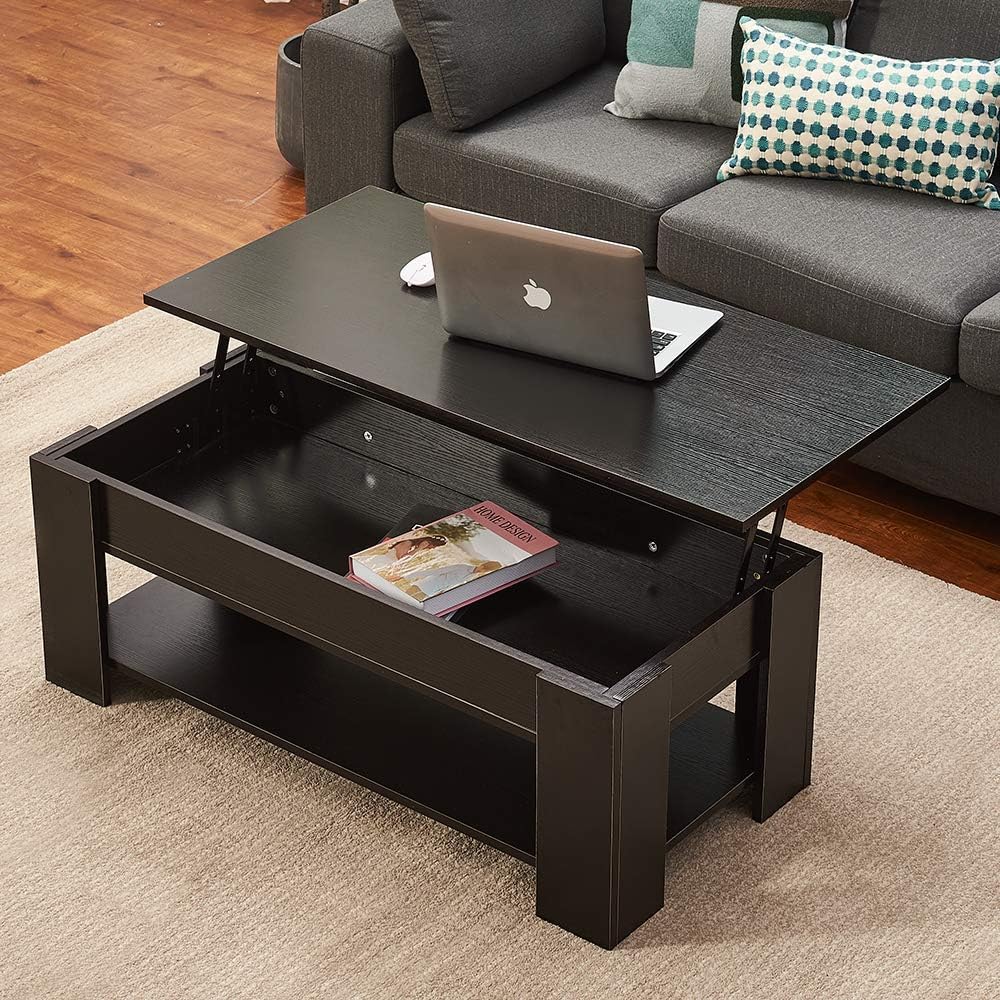 Panana Modern Lift Up Top Coffee Table with Hidden Storage and 1 Shelf Wooden Tea Table Sofa End Table for Living Room, Office, 39.4" x 19.7" x 18.5" (Black)