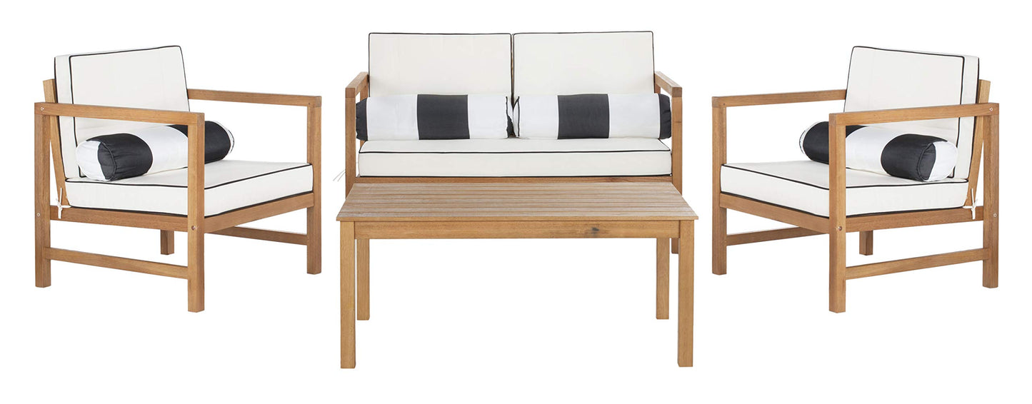 SAFAVIEH Outdoor Collection Montez Natural/ White Cushions/ Striped Bolster Pillows 4-Piece Conversation Patio Set
