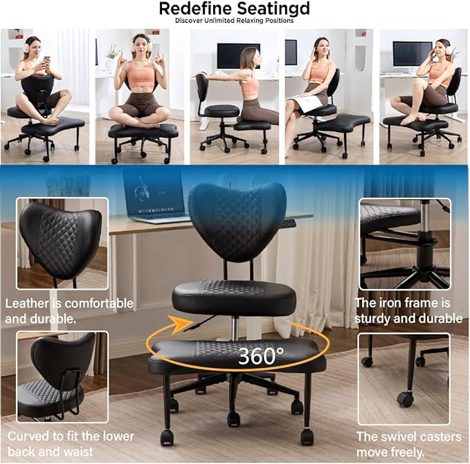 FLEXISPOT Cross Legged Office Chair Armless Kneeling Desk Chairs for Meditation ADHD Yoga Wide Criss Cross Chair with Wheels Vanity Chair for Girls Women Living Room Bedroom Study Small Space, Black