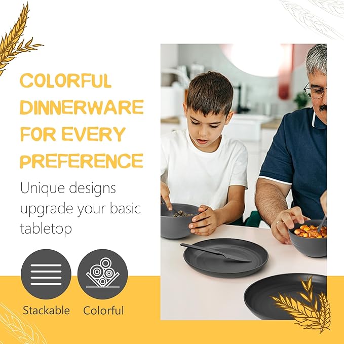 Teivio 32-Piece With Flatware Kitchen Plastic Wheat Straw Dinnerware Set, Service for 8, Dinner Plates, Dessert Plate, Cereal Bowls, Cups, Unbreakable Plastic Outdoor Camping Dishes, Gray Ombre
